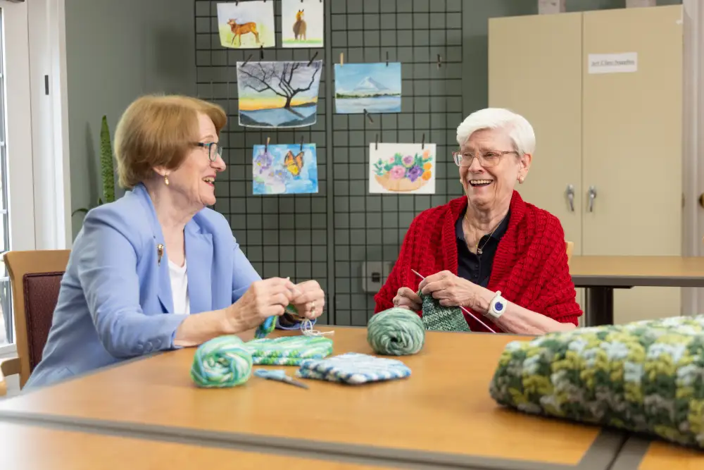 a pair of Canterbury Woods Williamsville residents knitting in the art room