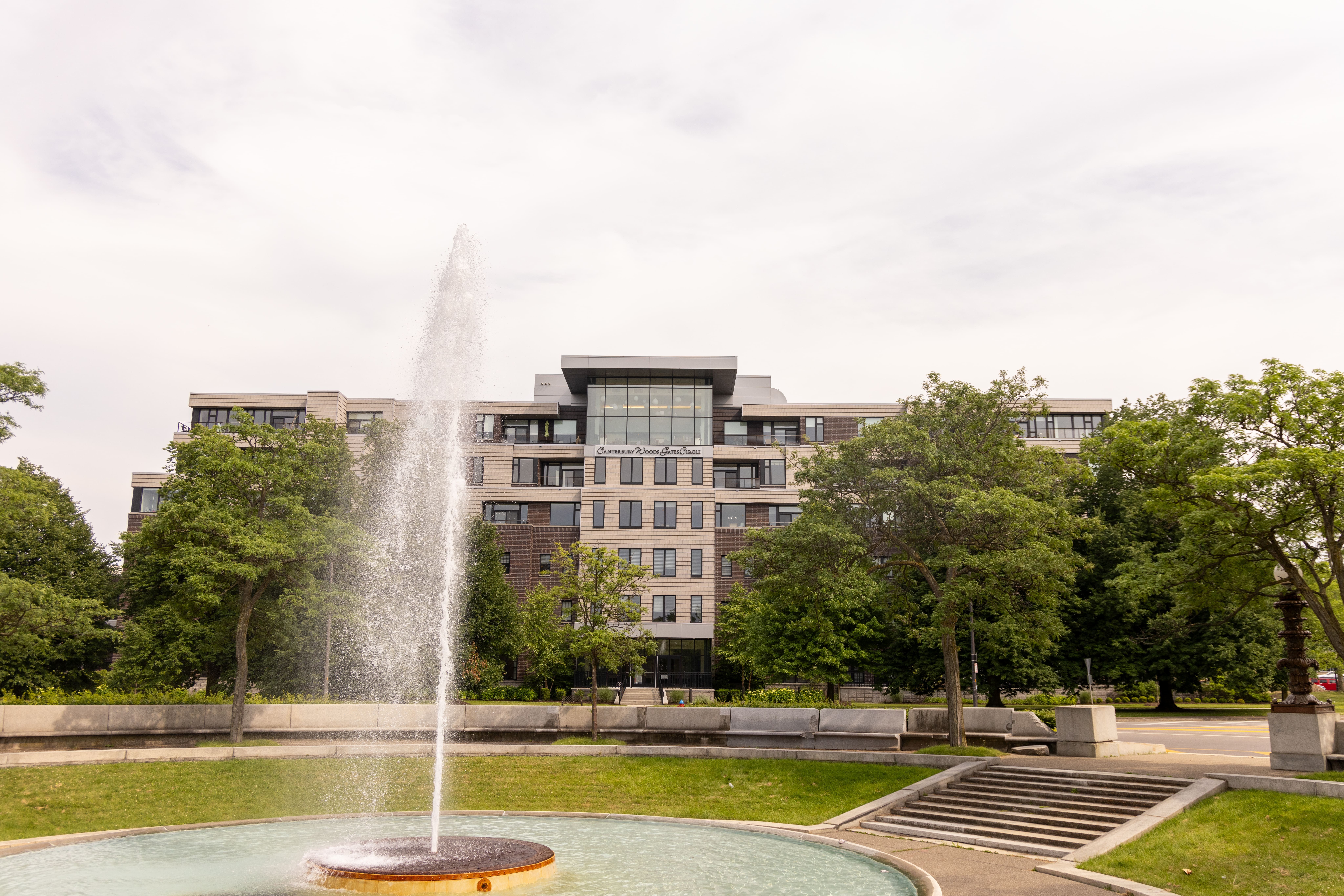 Outside of Canterbury Woods Gates Circle in Buffalo, NY with fountain