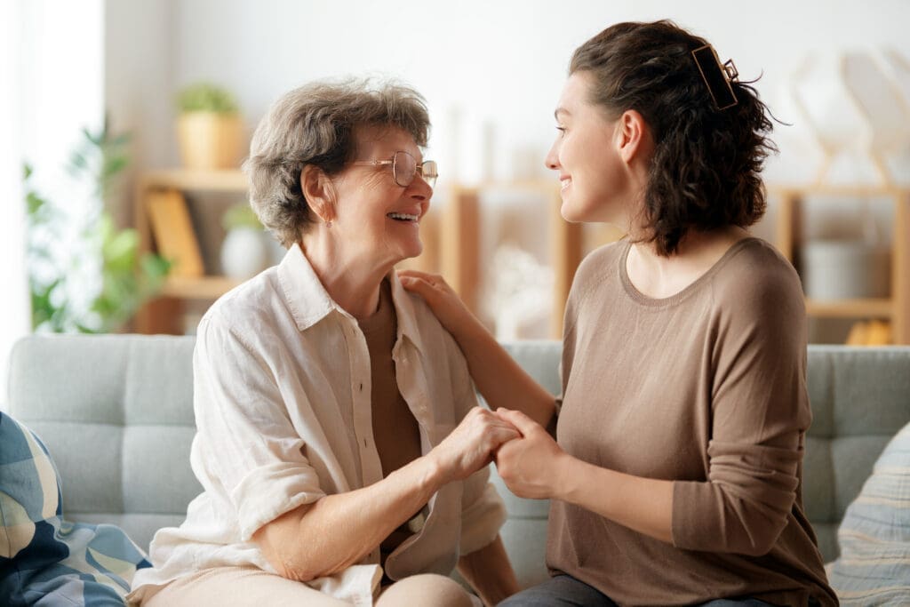 senior woman and adult daughter discussing the senior independent living checklist